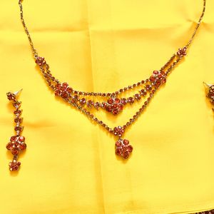 Best Quality Jaipuri Antique Kundan, Set Three Layer With Long Earrings, Orange Colour