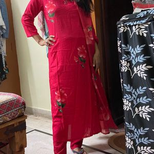 Magenta Flowers Print Kurta Set