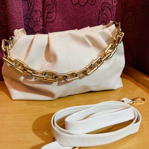 White Hand Bag With Golden Chain For Hanging