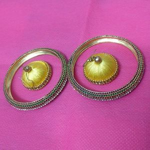 1 Set Of Bangles(Red Green Color & White Stones)And 1 Set Of Silk Thread Earrings (Yellow Color)