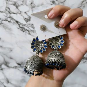 Women Fashion Earrings Blue Stones Oxidised Silver