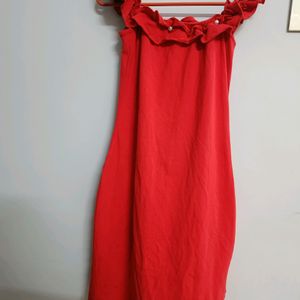 A Red Bodycon Off shoulder Dress With Pearls