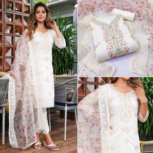 BEAUTIFUL WHITE CHANDERI SILK UNSTITCHED SUIT