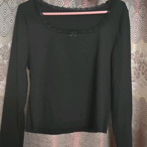 Black Ribbed Top With Lace Neck