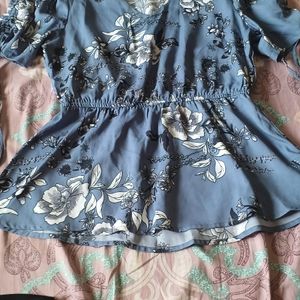 Blue Floral Cinched Waist Puff Sleeve Top