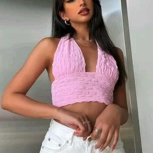 H&M Baby pink Halter Neck Fitted Crop Top