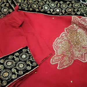 Red Saree With Velvet Gotta Patti