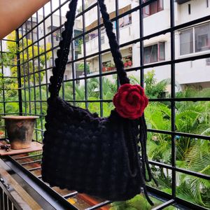 Crochet Black Popcorn With Rose Bag