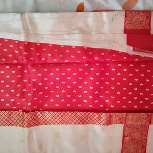 Red Border Off White Synthetic Polyester Saree