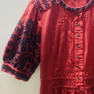 Rust Midi Length Embroidery Sleeves Dress