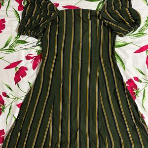 Forest Green Vertical Striped Puff Sleeve Dress