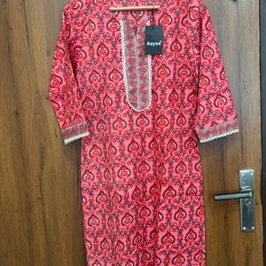 Red Floral Cotton Kurta For Women