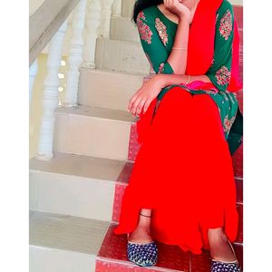 Women Trendy Mirror work Printed Rayon Fabric Green Color Kurti with Designed Red Color Sharara