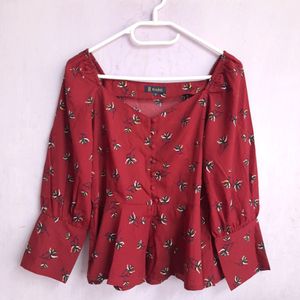 Maroon Floral Puff Sleeves Top