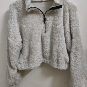 Women Grey Melange Faux Fur Solid Crop Sweatshirt