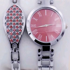 Stylish Pink Stone Bracelet And Watch