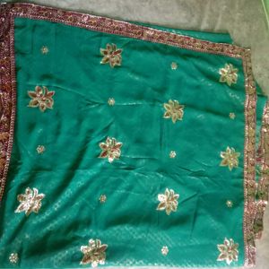 Green Lengha Type Saree With Purple Embroidery