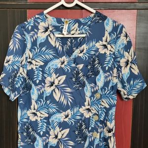 Blue Flower Print V Neck Top