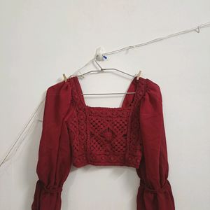 Elegant Red Crochet Puff Sleeve Top