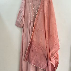 Peach Coloured Mirror Work Kurta With Heavy Dupata