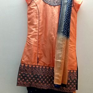 Coral Kurta Knee Length Pajama And A Duppata