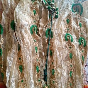 Creem Colour Frock Green Dupatta Only