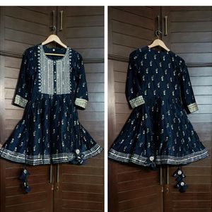 Festive Women Blue Thread Embroidery Printed Suit