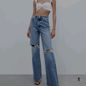 Zara New Ripped Wide Leg Jeans