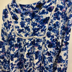 White Blue Floral Cotton Top