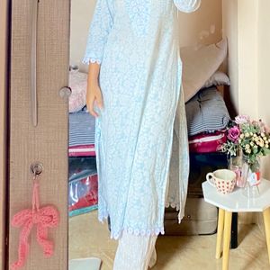 Floral blue kurti with lace border🤍🪻