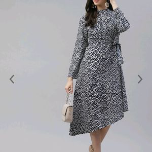 High Neck Navi Blue&white A-Line Midi Dress