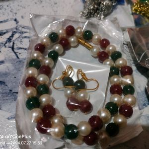 One Pearl Necklace And 3 Earrings Set