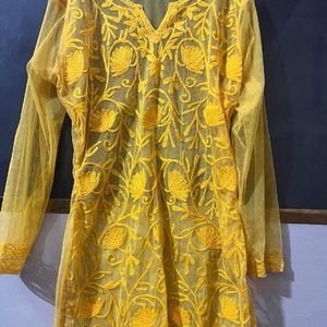 Mustard Net Chikankari Kurta