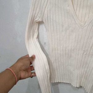 Off White V Neck Woolen Top