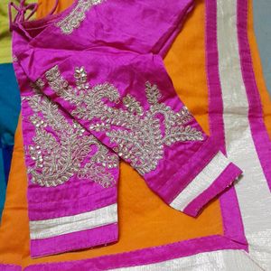 Plain Saree With Shimmering Border And Work Blouse