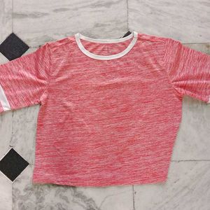 Peach Colour Crop Top With White Line Around Neck