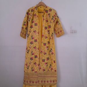 Yellow Embroidered Kurta & Coat (Women's)