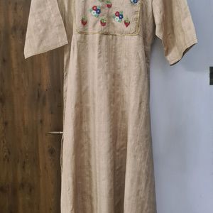 Beige Raw Silk Kurta with flowers strawberries