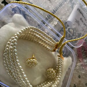 Five layer Pearl choker necklace set with Earrings