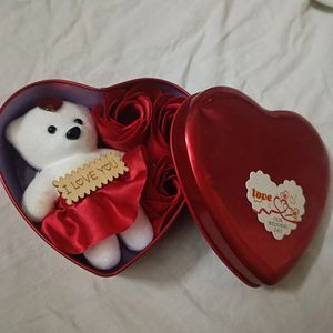 Heart Shape Box With Cute Teddy And Flowers