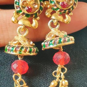 Indian Traditional Gold And Red Jhumka