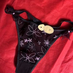 Brown Net Thong Panty With Embroidery