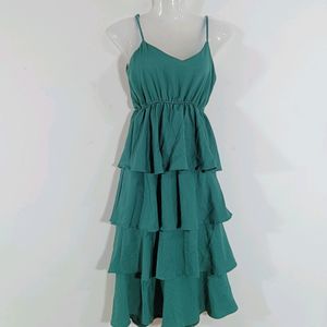 Green Plain Layered Western Dress (Women)