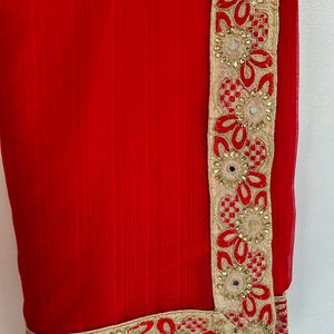 Bright Red With Golden Border Saree