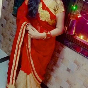 Beautiful Red Half Net Saree