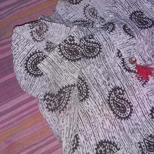 Off White A-line Kurti With Deep Brown Printed