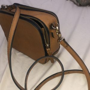 Leather Sling Bag Sturdy With 2 Zippers