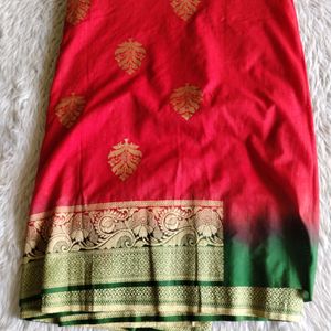 Red And Green With Zari Printed Saree (Women)