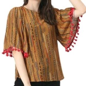 Woven Pattern Top with Flared Sleeves