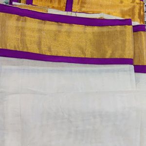 Onam Special Cream And Golden Purple 💜mundu Set